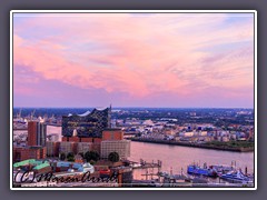 Die Elbphilharmonie unter rosa Abendwolken